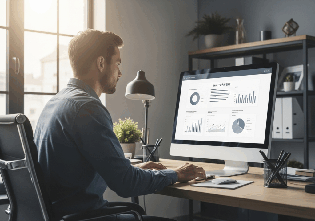 Entrepreneur concentré devant un écran d’ordinateur affichant la maquette d’un livre blanc au design épuré, illustrant la création de contenu professionnel et stratégique.