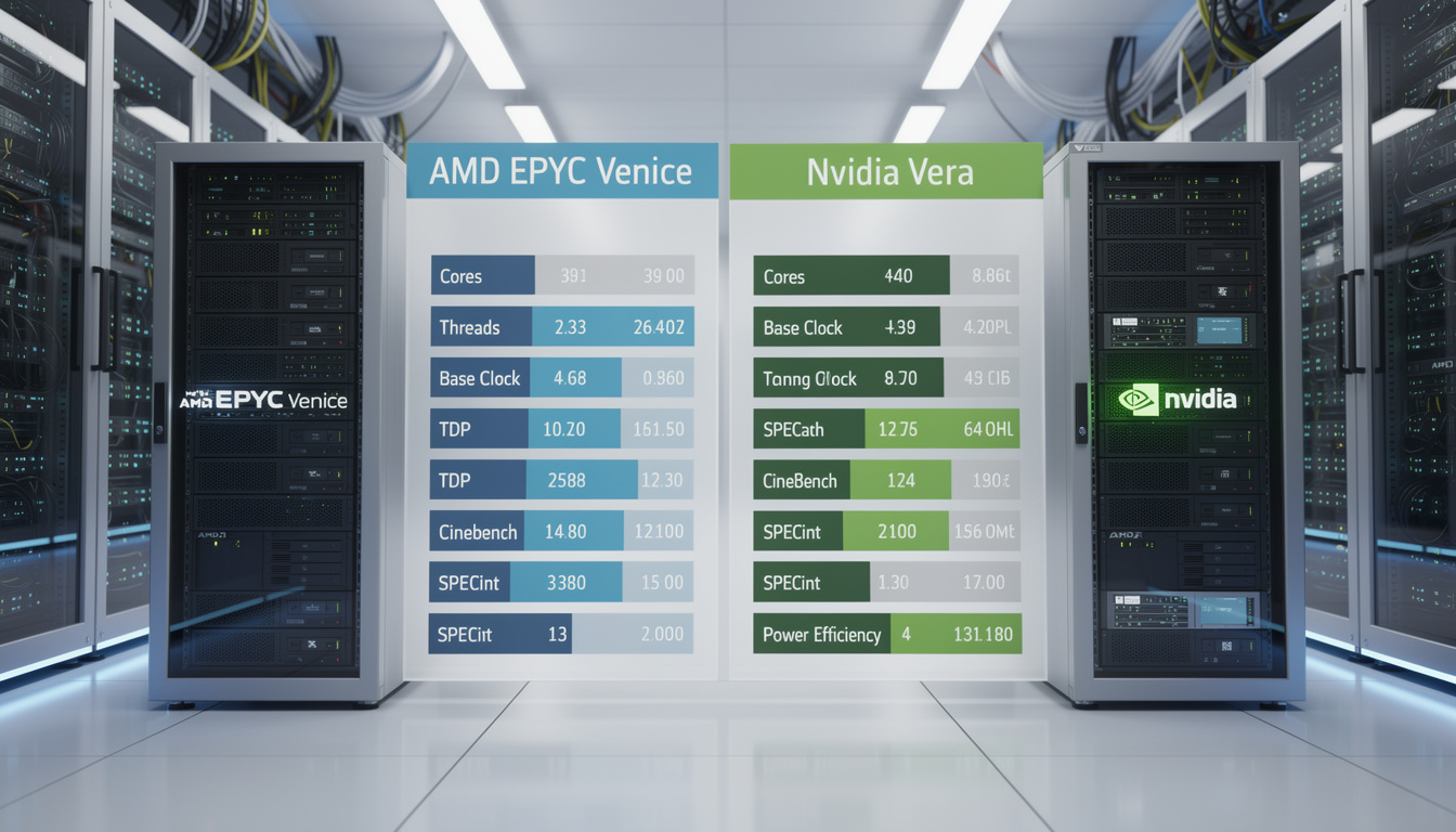 amd dévoile ses premiers benchmarks officiels des processeurs epyc 'venice', visant à rivaliser avec nvidia dans le domaine des performances.